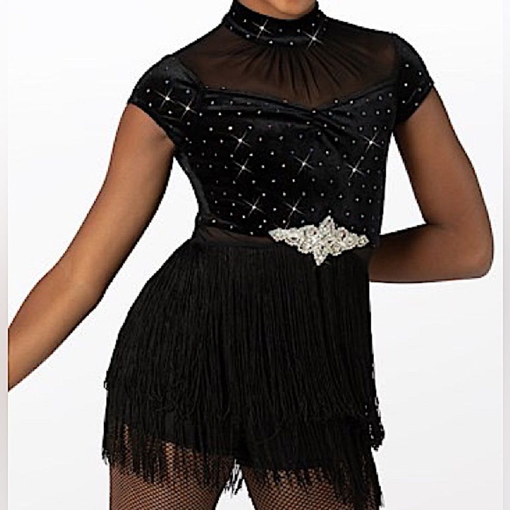 Weissman dance costume black velvet crystal fringe End Of Time 13009 MC 10/12